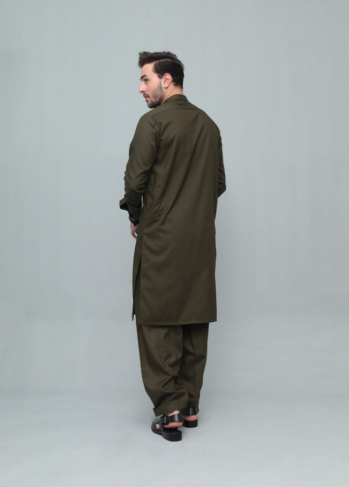 Mazham Mens Pret Blended 2 Piece Solids Army Green Kameez Shalwar - Festive Collection