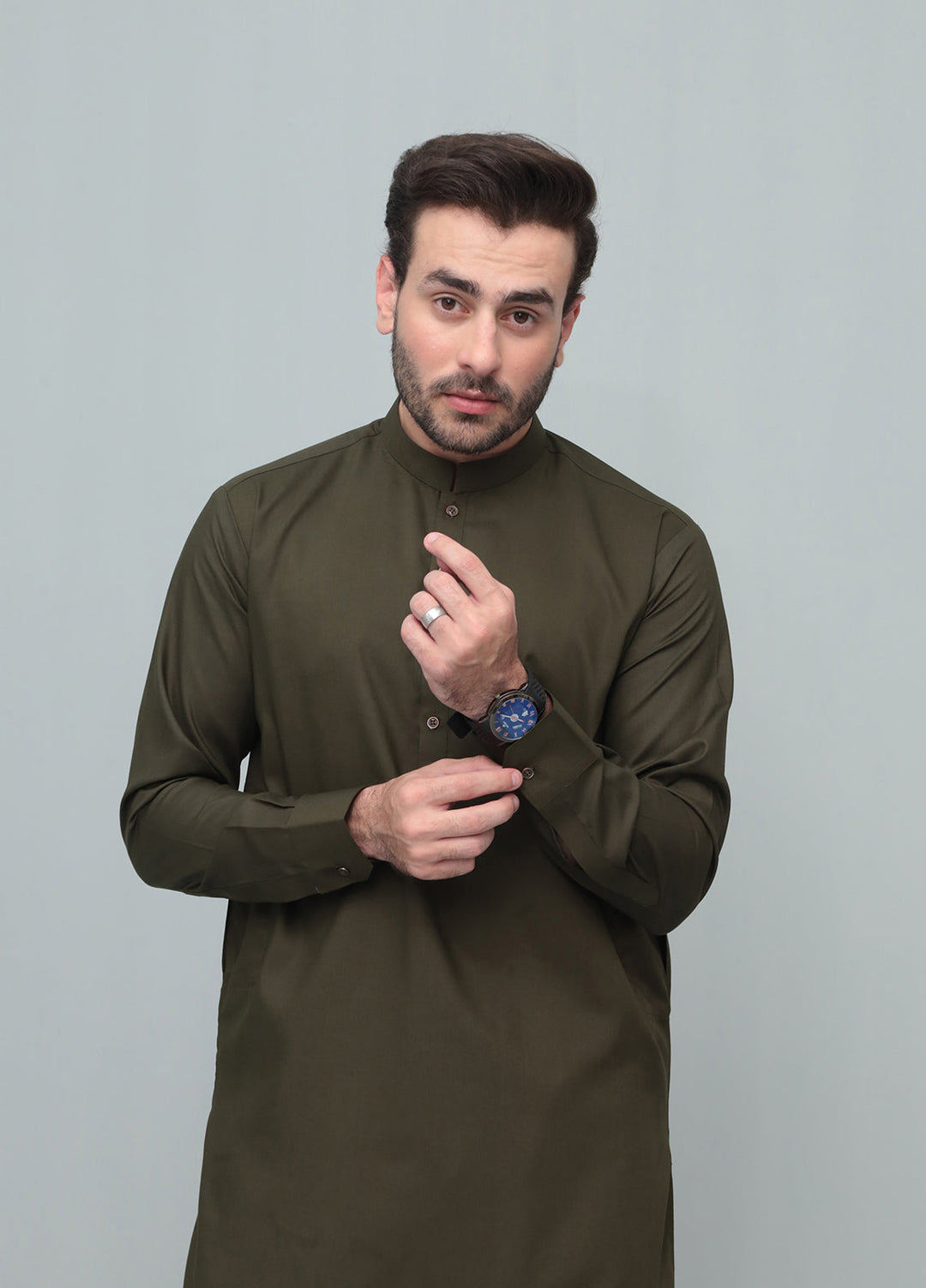 Mazham Mens Pret Blended 2 Piece Solids Army Green Kameez Shalwar - Festive Collection