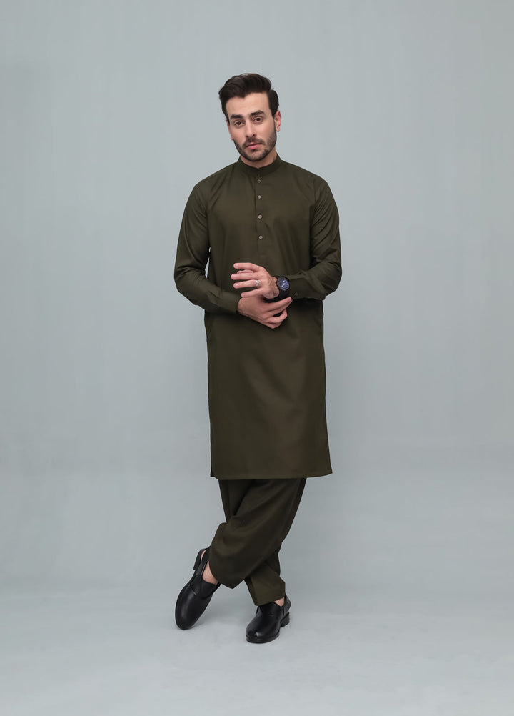 Mazham Mens Pret Blended 2 Piece Solids Army Green Kameez Shalwar - Festive Collection