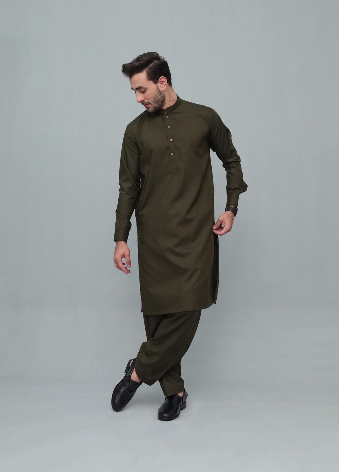 Mazham Mens Pret Blended 2 Piece Solids Army Green Kameez Shalwar - Festive Collection