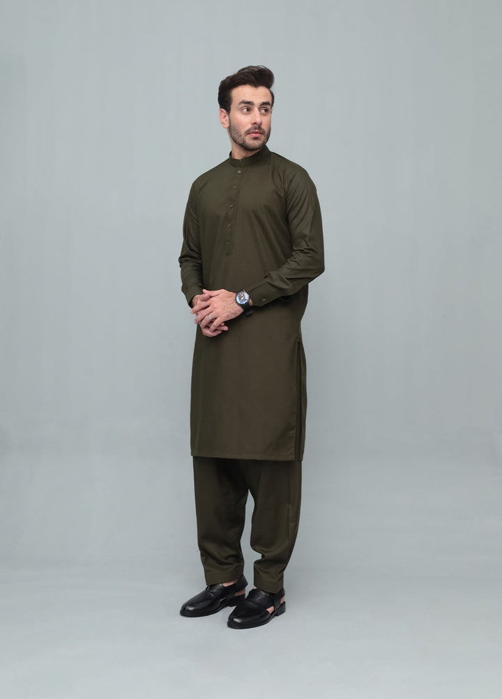 Mazham Mens Pret Blended 2 Piece Solids Army Green Kameez Shalwar - Festive Collection