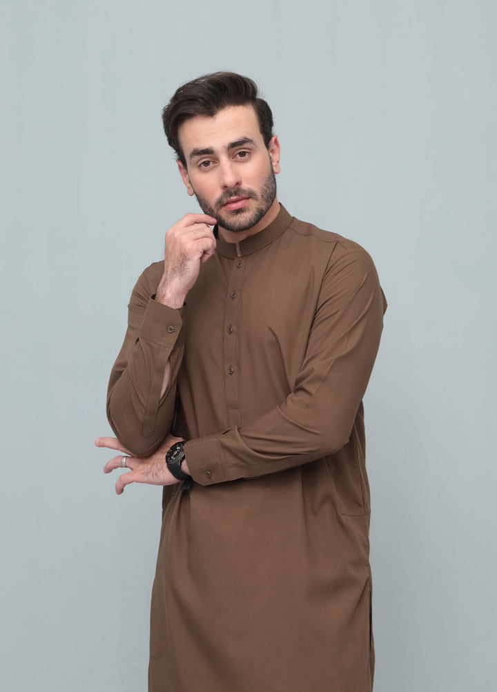 Mazham Mens Pret Blended 2 Piece Solids Coffee Brown Kameez Shalwar - Festive Collection