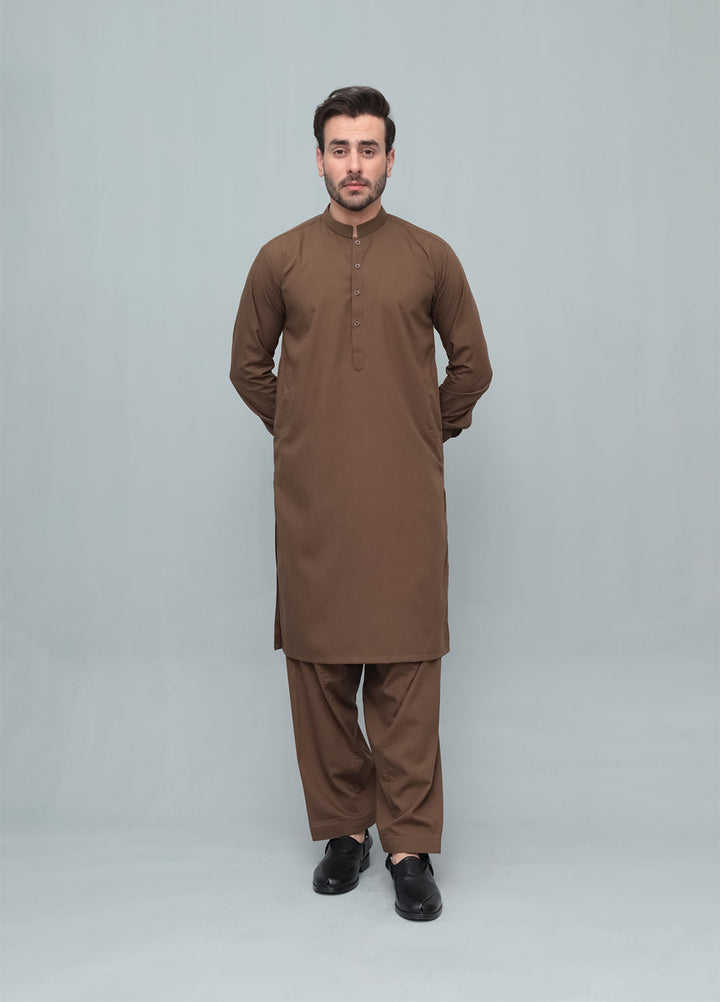 Mazham Mens Pret Blended 2 Piece Solids Coffee Brown Kameez Shalwar - Festive Collection