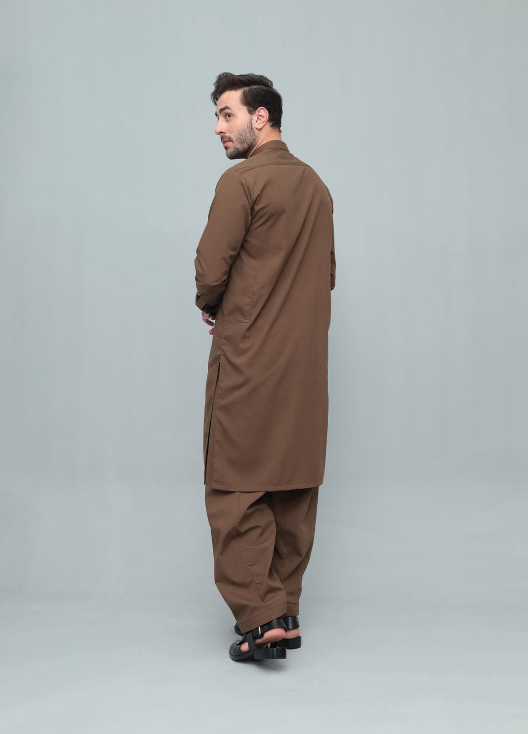 Mazham Mens Pret Blended 2 Piece Solids Coffee Brown Kameez Shalwar - Festive Collection