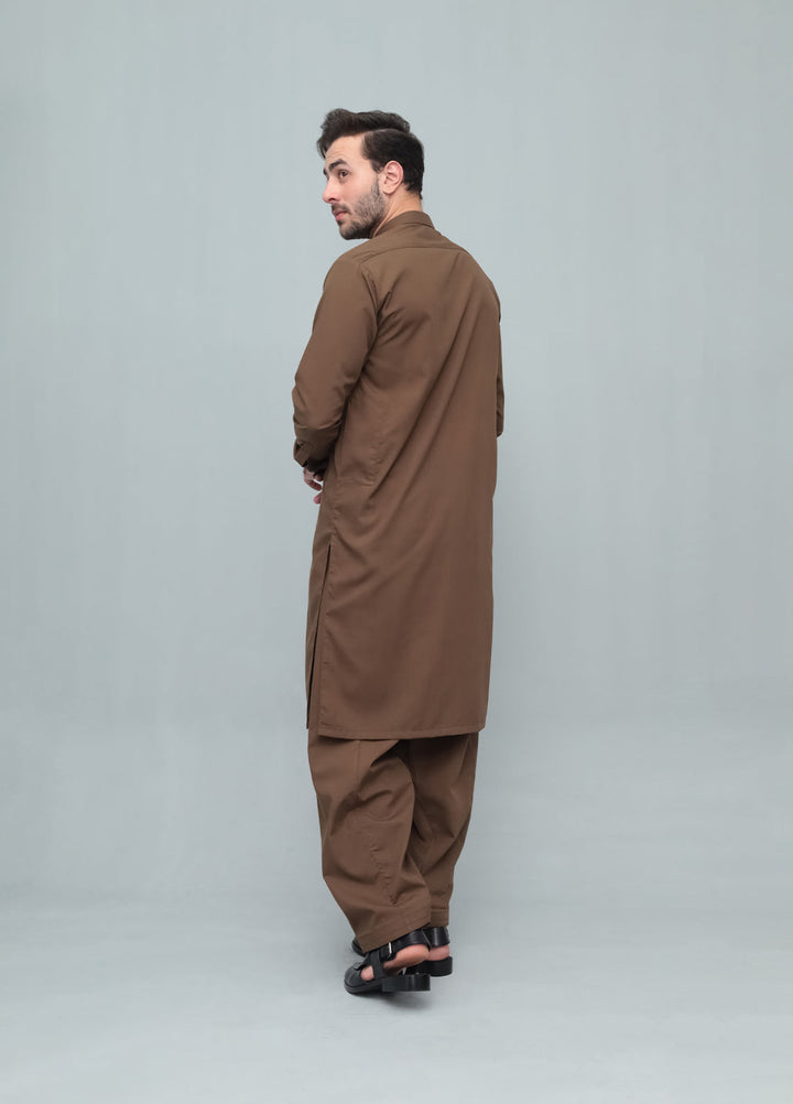 Mazham Mens Pret Blended 2 Piece Solids Coffee Brown Kameez Shalwar - Festive Collection