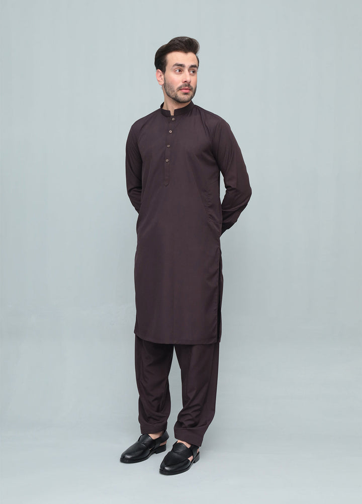 Mazham Mens Pret Blended 2 Piece Solids Chocolate Brown Kameez Shalwar - Festive Collection