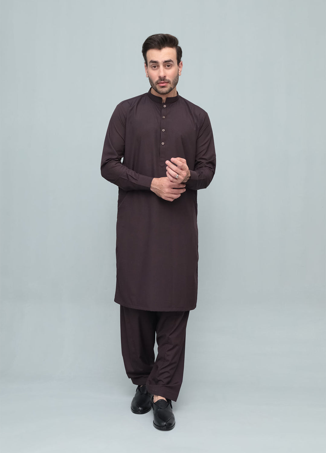 Mazham Mens Pret Blended 2 Piece Solids Chocolate Brown Kameez Shalwar - Festive Collection