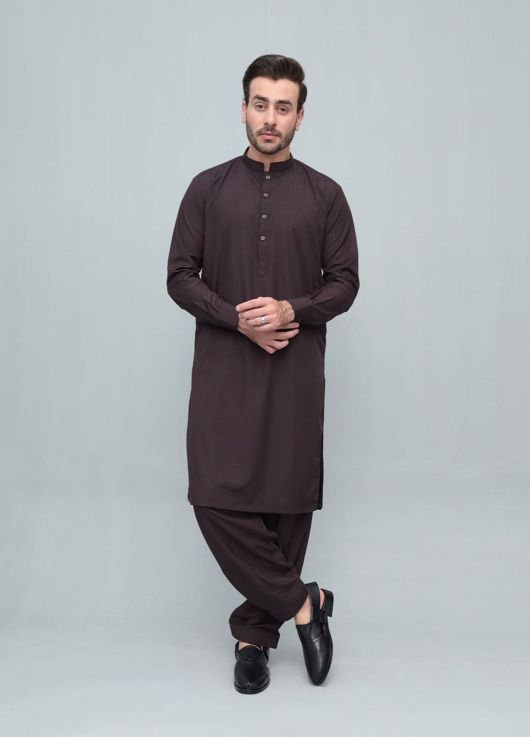 Mazham Mens Pret Blended 2 Piece Solids Chocolate Brown Kameez Shalwar - Festive Collection