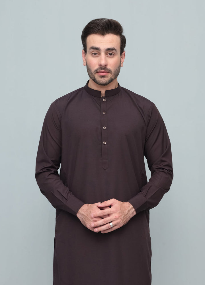 Mazham Mens Pret Blended 2 Piece Solids Chocolate Brown Kameez Shalwar - Festive Collection