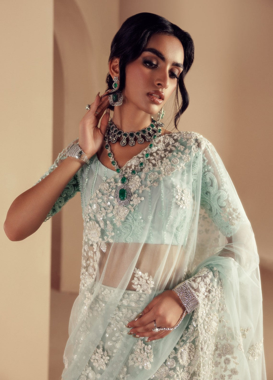 Elaya by House of Nyyra Unstitched 3 Piece Hand work Mint green and white - Wedding Collection