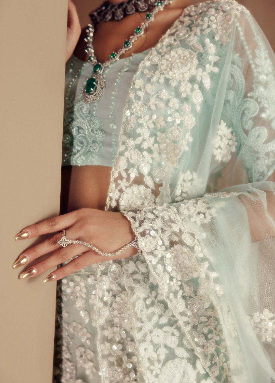 Elaya by House of Nyyra Unstitched 3 Piece Hand work Mint green and white - Wedding Collection