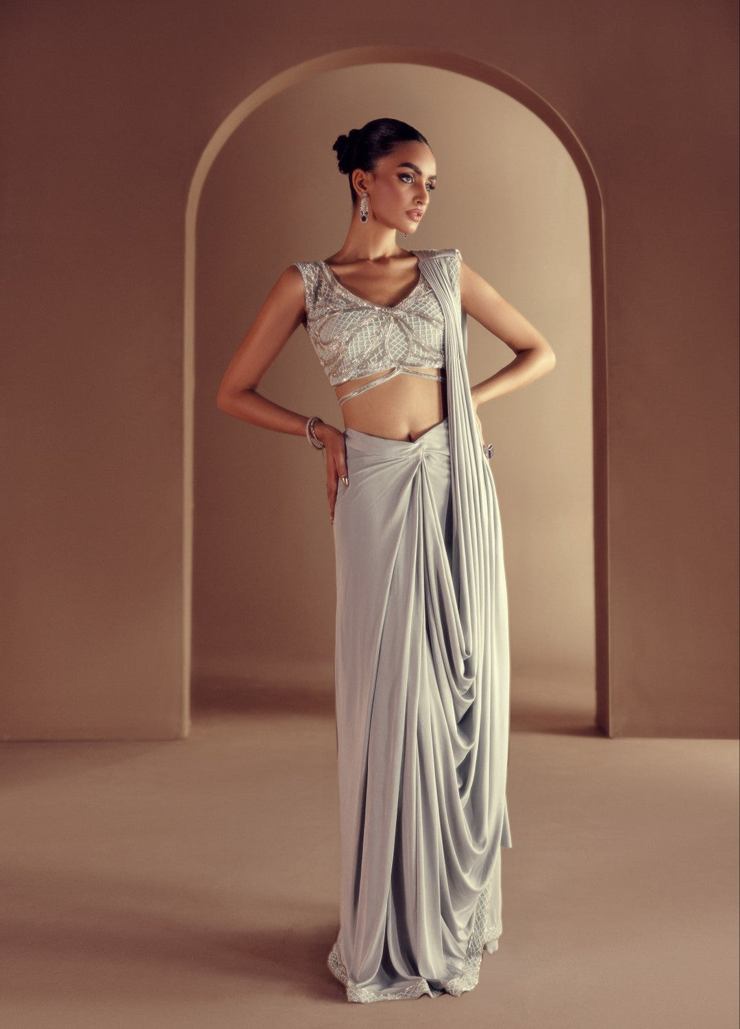 Elaya by House of Nyyra Unstitched 2 Piece Hand work Grey Jersey Saree - Formals Collection
