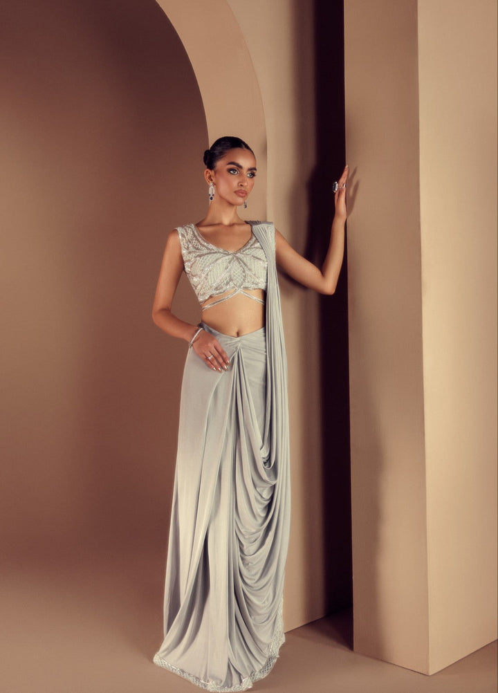 Elaya by House of Nyyra Unstitched 2 Piece Hand work Grey Jersey Saree - Formals Collection
