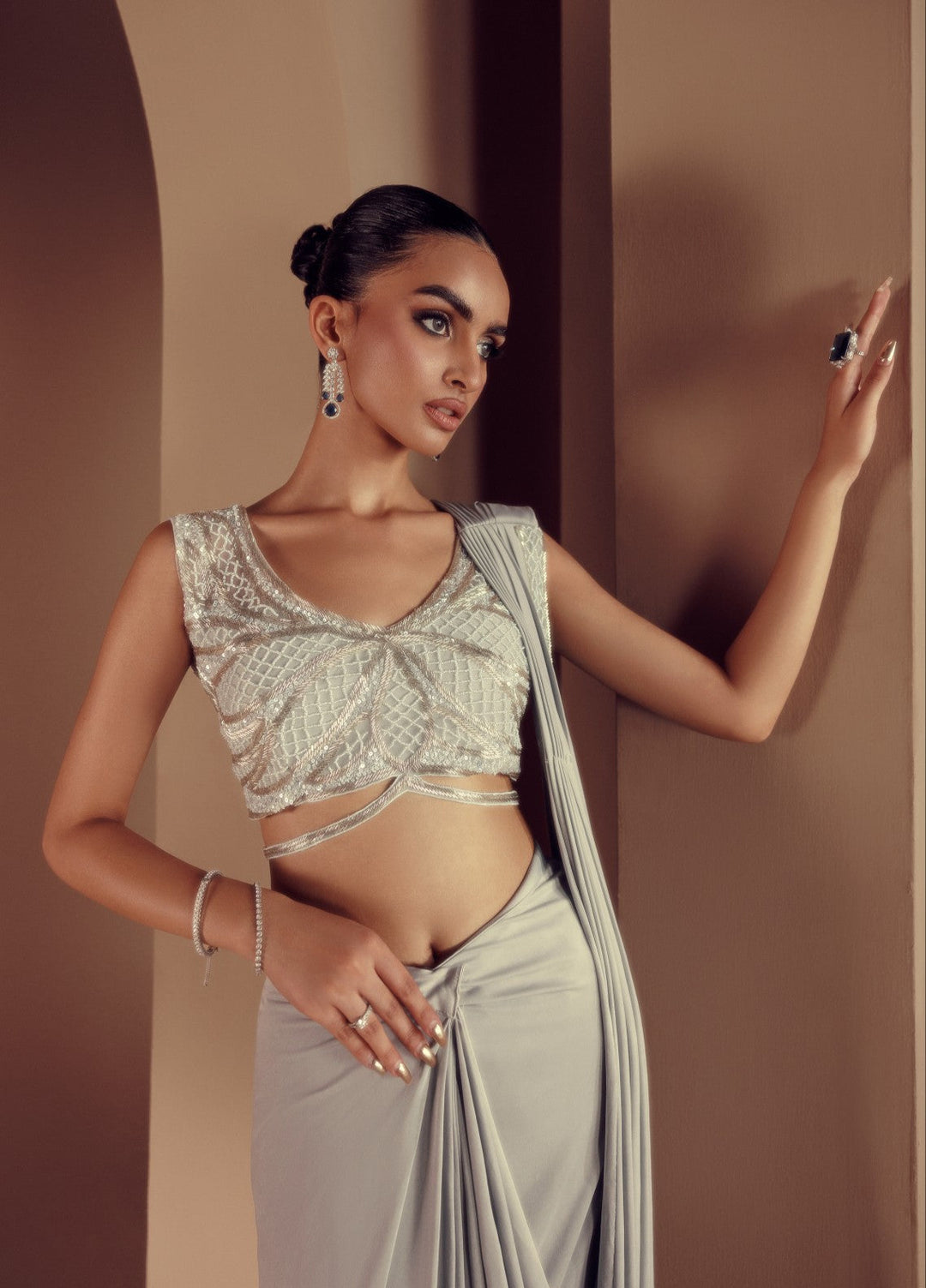 Elaya by House of Nyyra Unstitched 2 Piece Hand work Grey Jersey Saree - Formals Collection