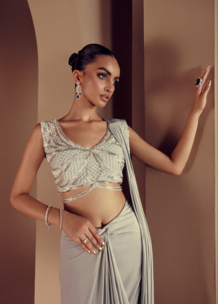Elaya by House of Nyyra Unstitched 2 Piece Hand work Grey Jersey Saree - Formals Collection