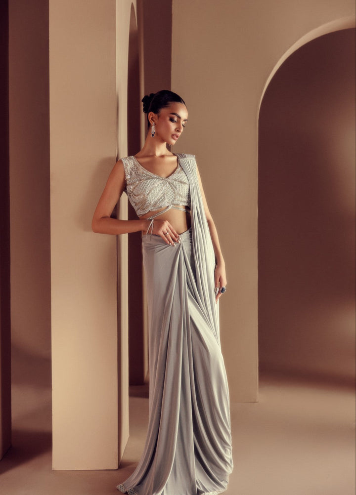 Elaya by House of Nyyra Unstitched 2 Piece Hand work Grey Jersey Saree - Formals Collection