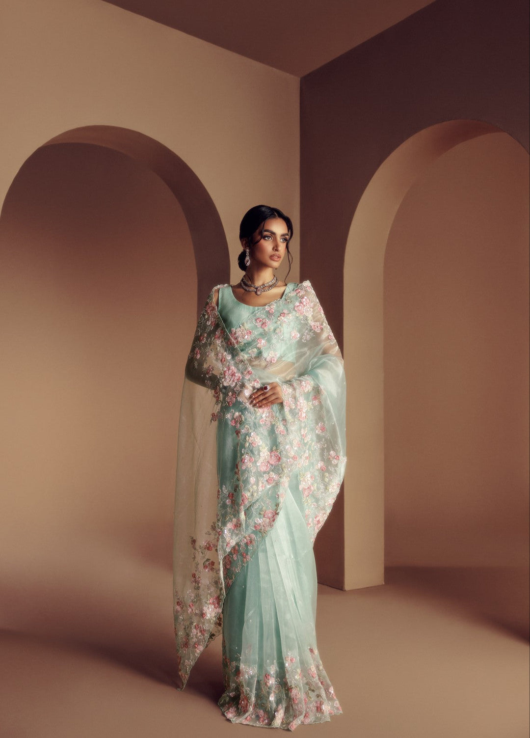 Elaya by House of Nyyra Unstitched 2 Piece Hand work Sky Blue Saree - Festive Collection