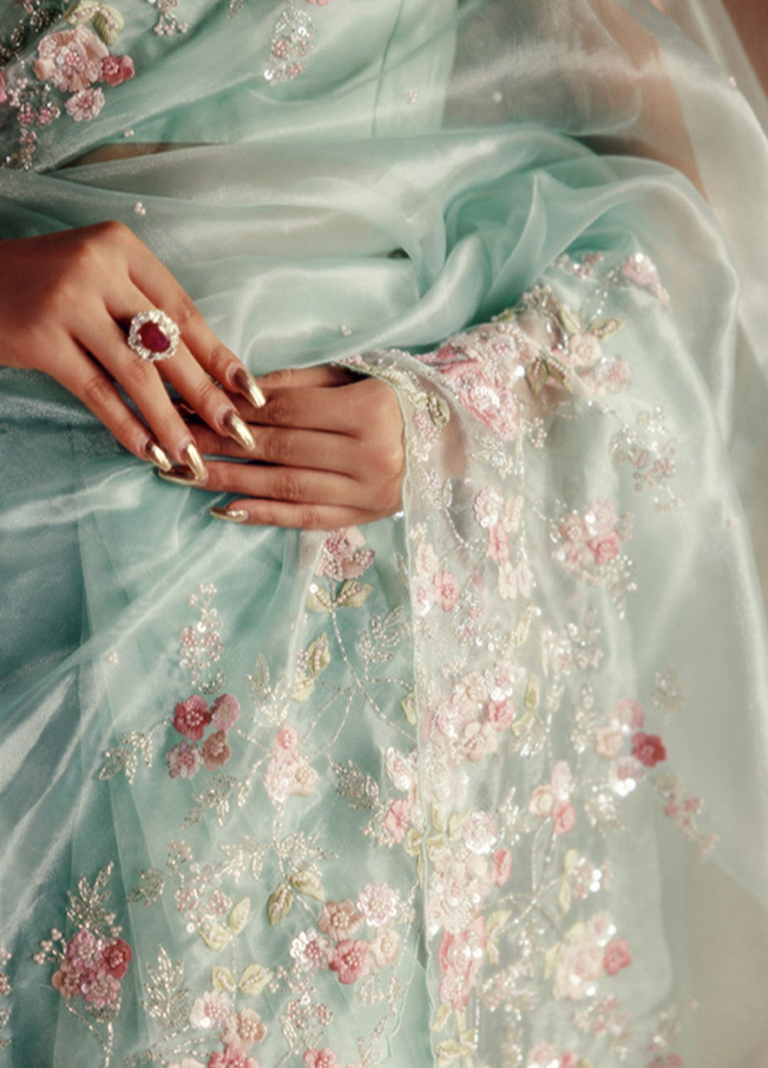 Elaya by House of Nyyra Unstitched 2 Piece Hand work Sky Blue Saree - Festive Collection