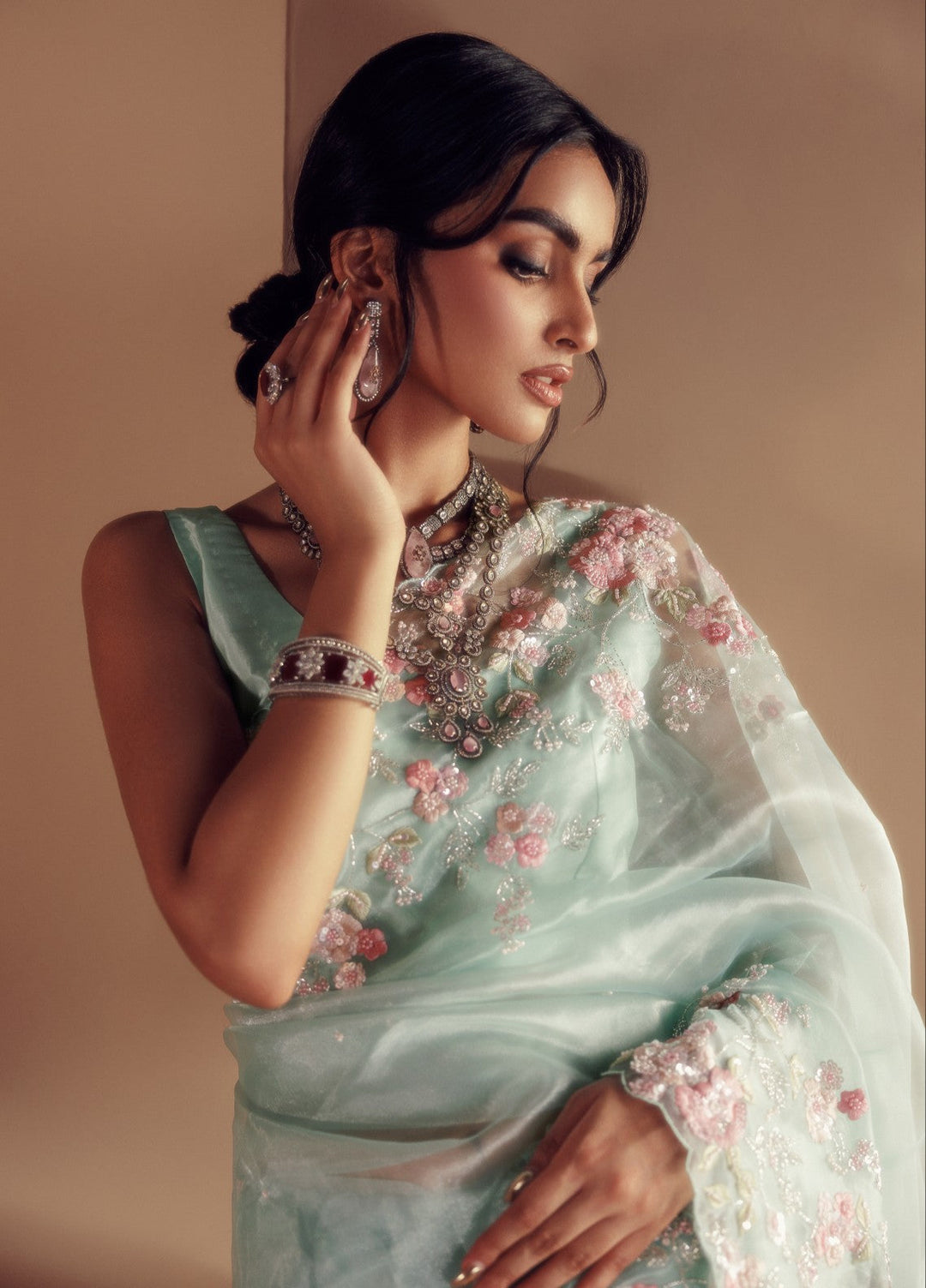 Elaya by House of Nyyra Unstitched 2 Piece Hand work Sky Blue Saree - Festive Collection