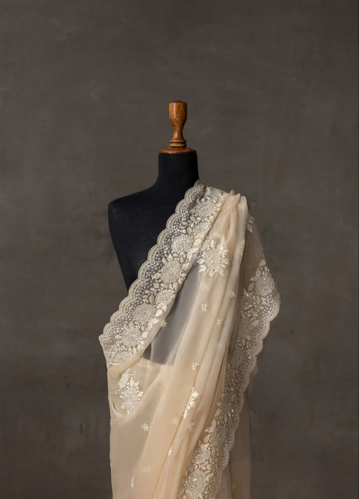 Elaya by House of Nyyra Unstitched 2 Piece Embroidered Off white Saree - Formals Collection