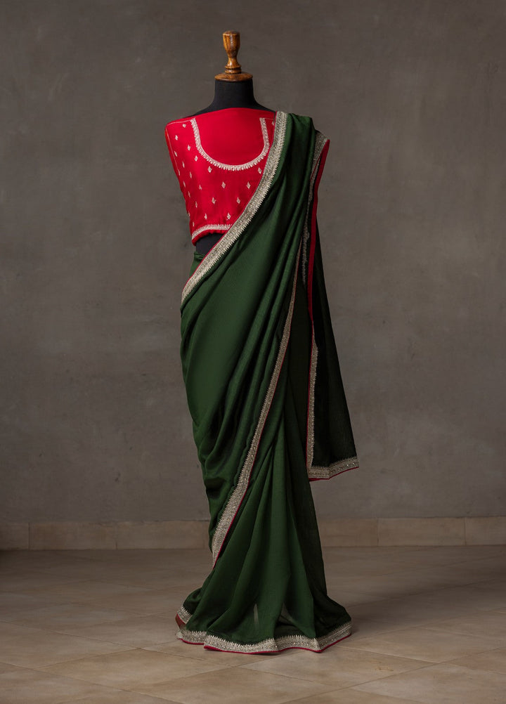 Elaya by House of Nyyra Unstitched 2 Piece Embroidered Bottle Green Saree - Formals Collection