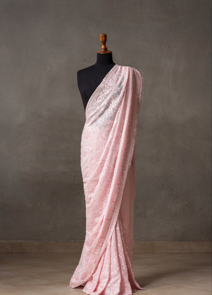 Elaya by House of Nyyra Unstitched 2 Piece Chikankari Powder Saree - Formals Collection