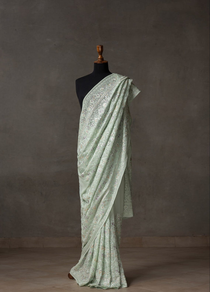 Elaya by House of Nyyra Unstitched 2 Piece Chikankari Pistachio Saree - Formals Collection