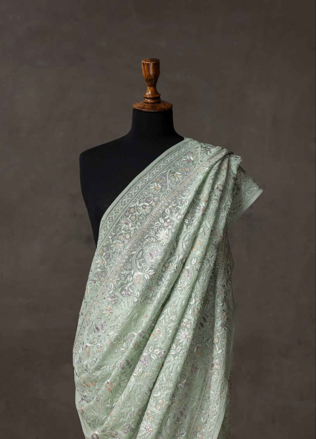Elaya by House of Nyyra Unstitched 2 Piece Chikankari Pistachio Saree - Formals Collection