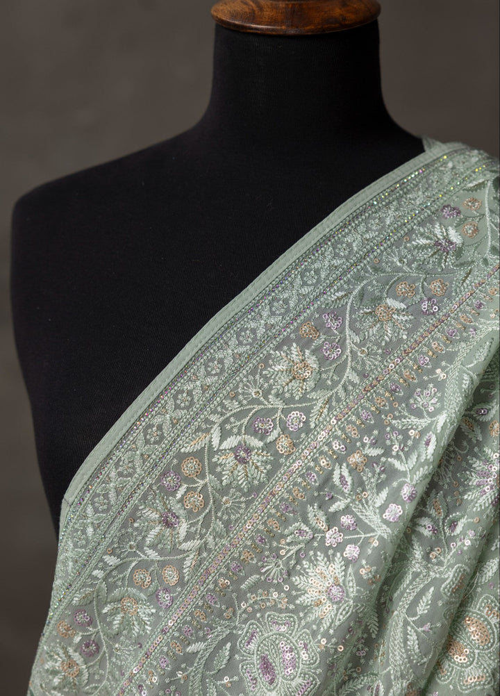 Elaya by House of Nyyra Unstitched 2 Piece Chikankari Pistachio Saree - Formals Collection