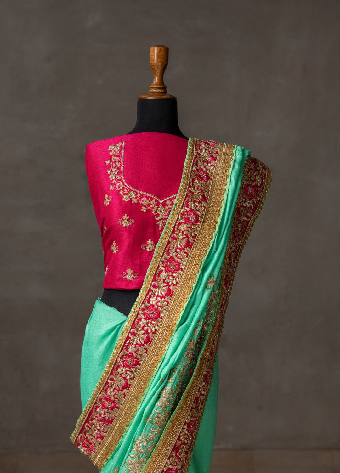 Elaya by House of Nyyra Unstitched 2 Piece Hand work Mint green and pink raw silk saree - Wedding Collection