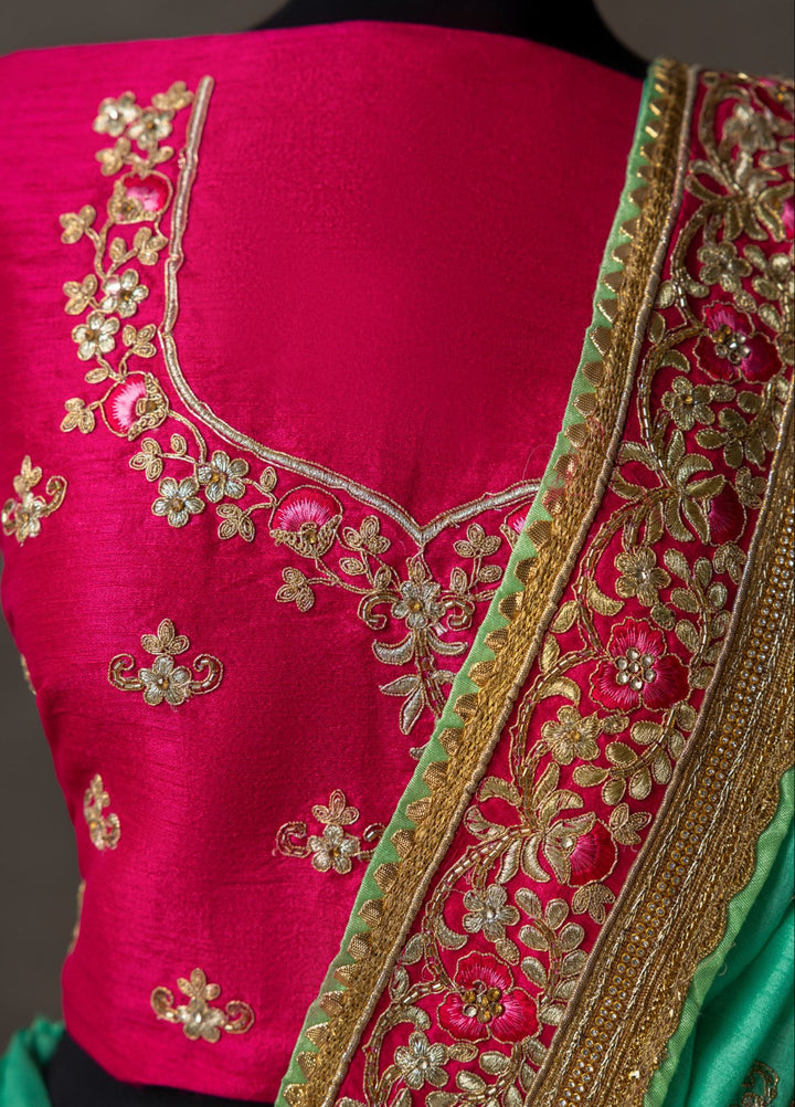 Elaya by House of Nyyra Unstitched 2 Piece Hand work Mint green and pink raw silk saree - Wedding Collection