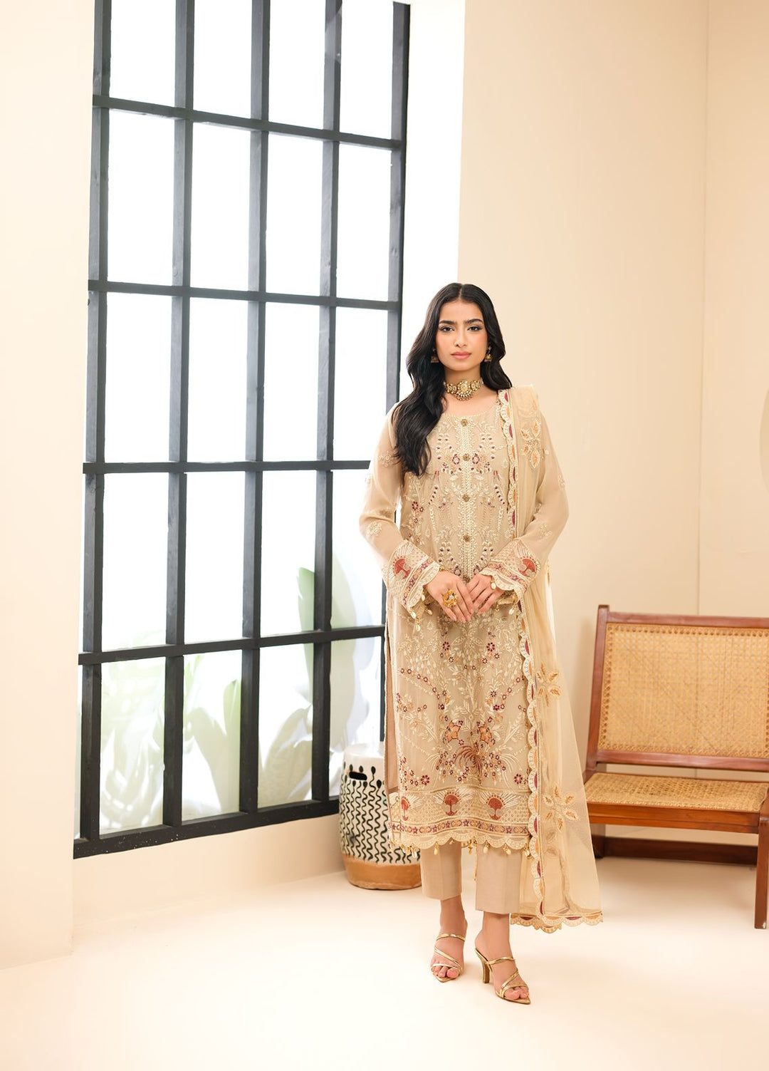 Era by Waresha Women Embroidered Chiffon 3 Piece Suit Desert Rose WFE-02 - Formals Collection