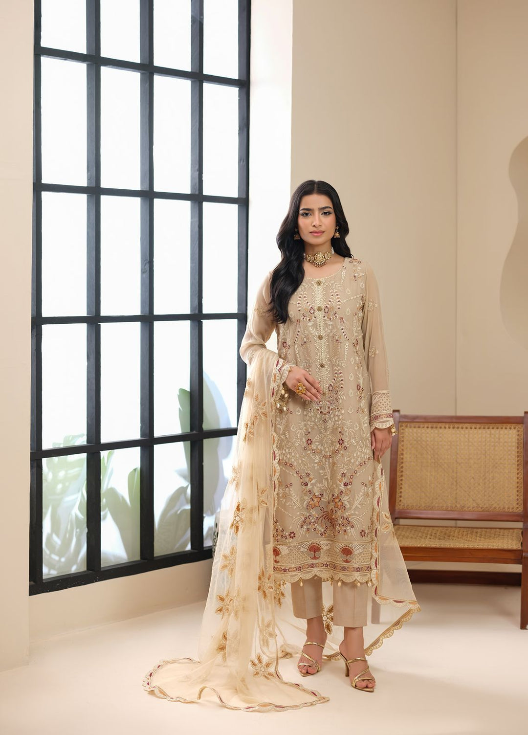 Era by Waresha Women Embroidered Chiffon 3 Piece Suit Desert Rose WFE-02 - Formals Collection