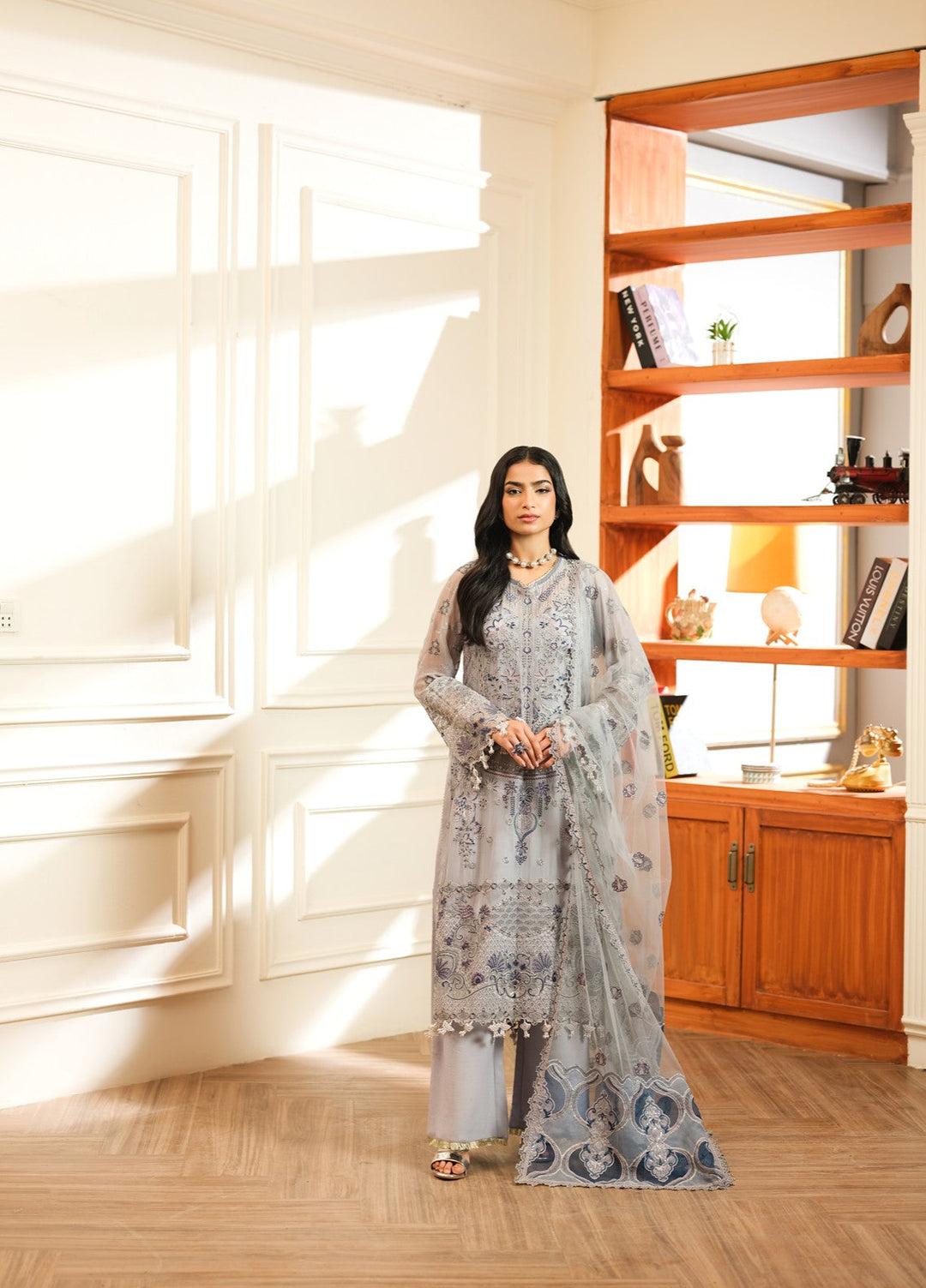 Era by Waresha Women Embroidered Chiffon 3 Piece Suit Smoky Grace WFE-03 - Formals Collection