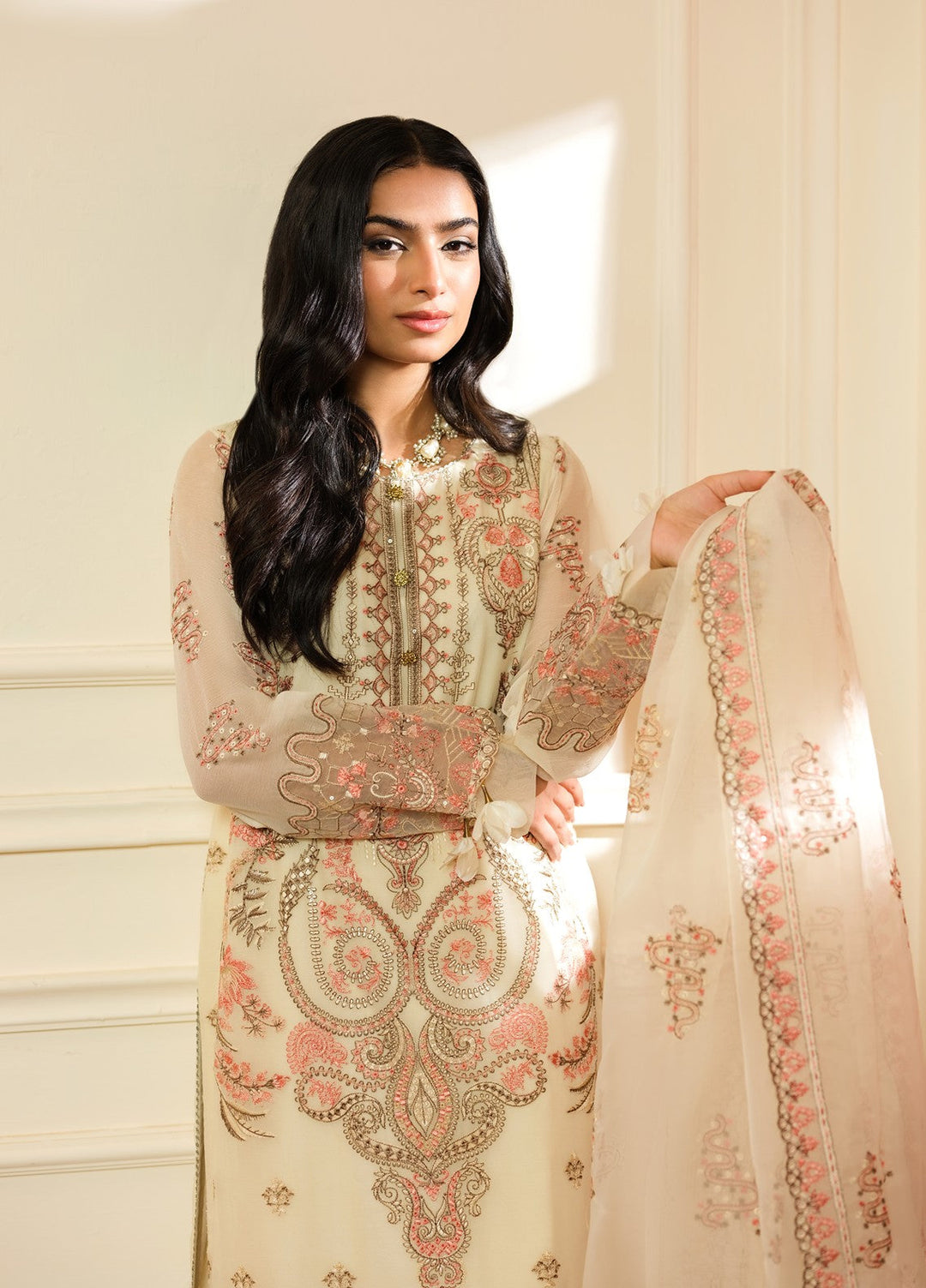 Era by Waresha Women Embroidered Chiffon 3 Piece Suit Pearl Mirage WFE-04 - Formals Collection