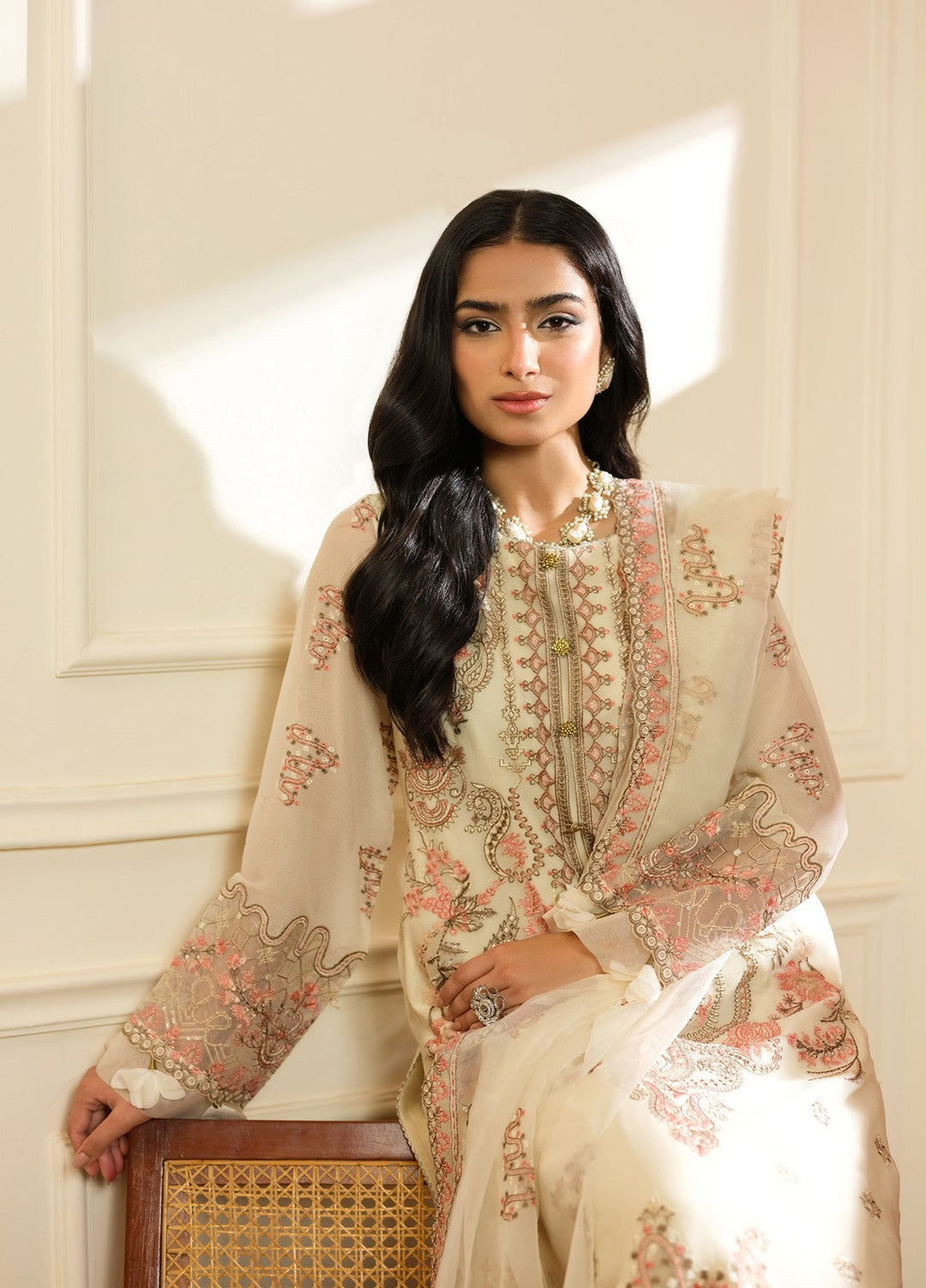 Era by Waresha Women Embroidered Chiffon 3 Piece Suit Pearl Mirage WFE-04 - Formals Collection