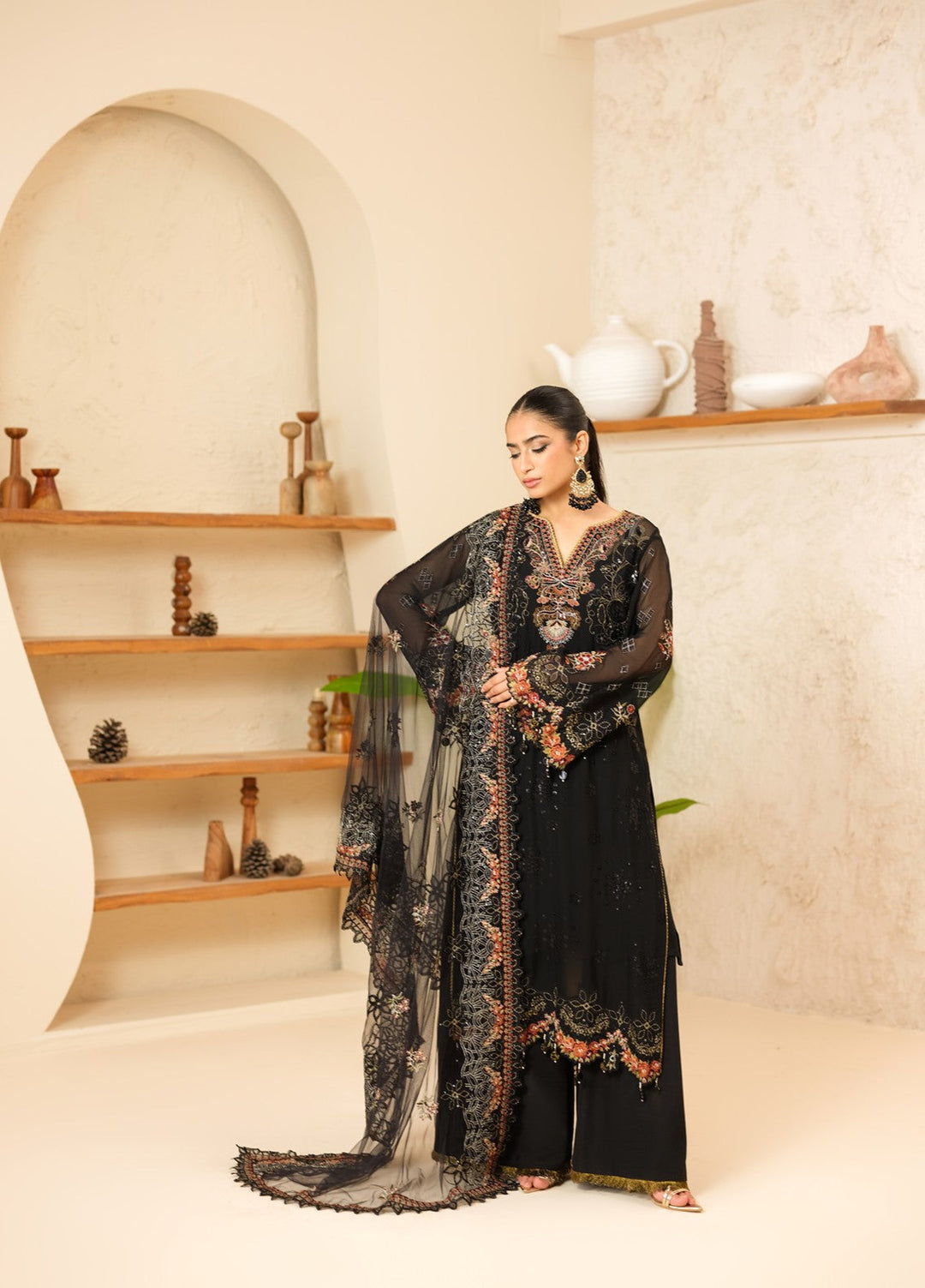 Era by Waresha Women Embroidered Chiffon 3 Piece Suit Obsidian Bloom WFE-05 - Formals Collection