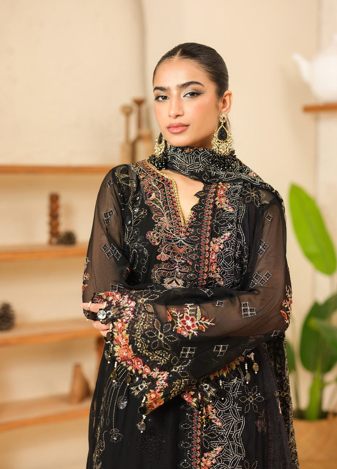 Era by Waresha Women Embroidered Chiffon 3 Piece Suit Obsidian Bloom WFE-05 - Formals Collection