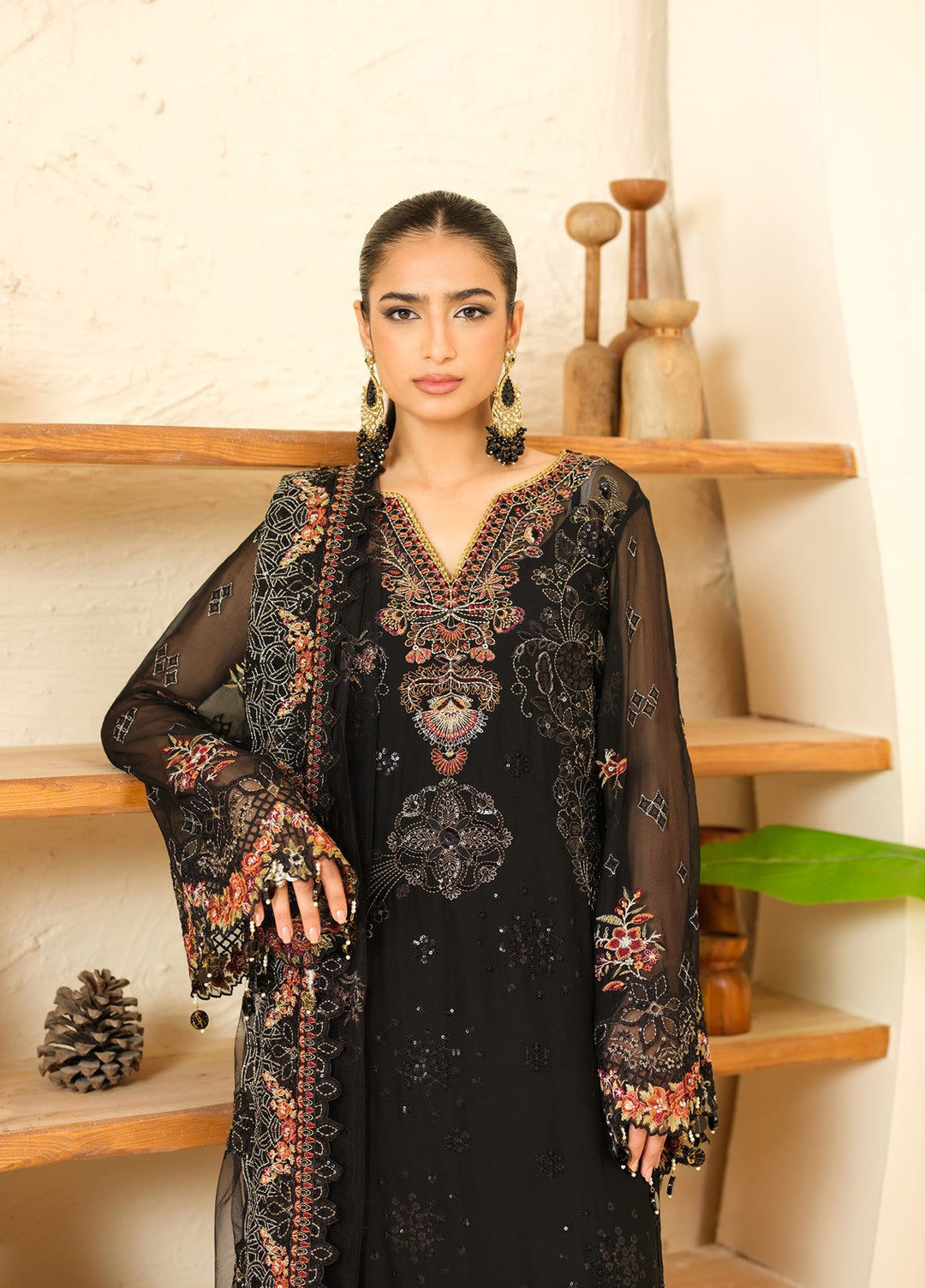 Era by Waresha Women Embroidered Chiffon 3 Piece Suit Obsidian Bloom WFE-05 - Formals Collection