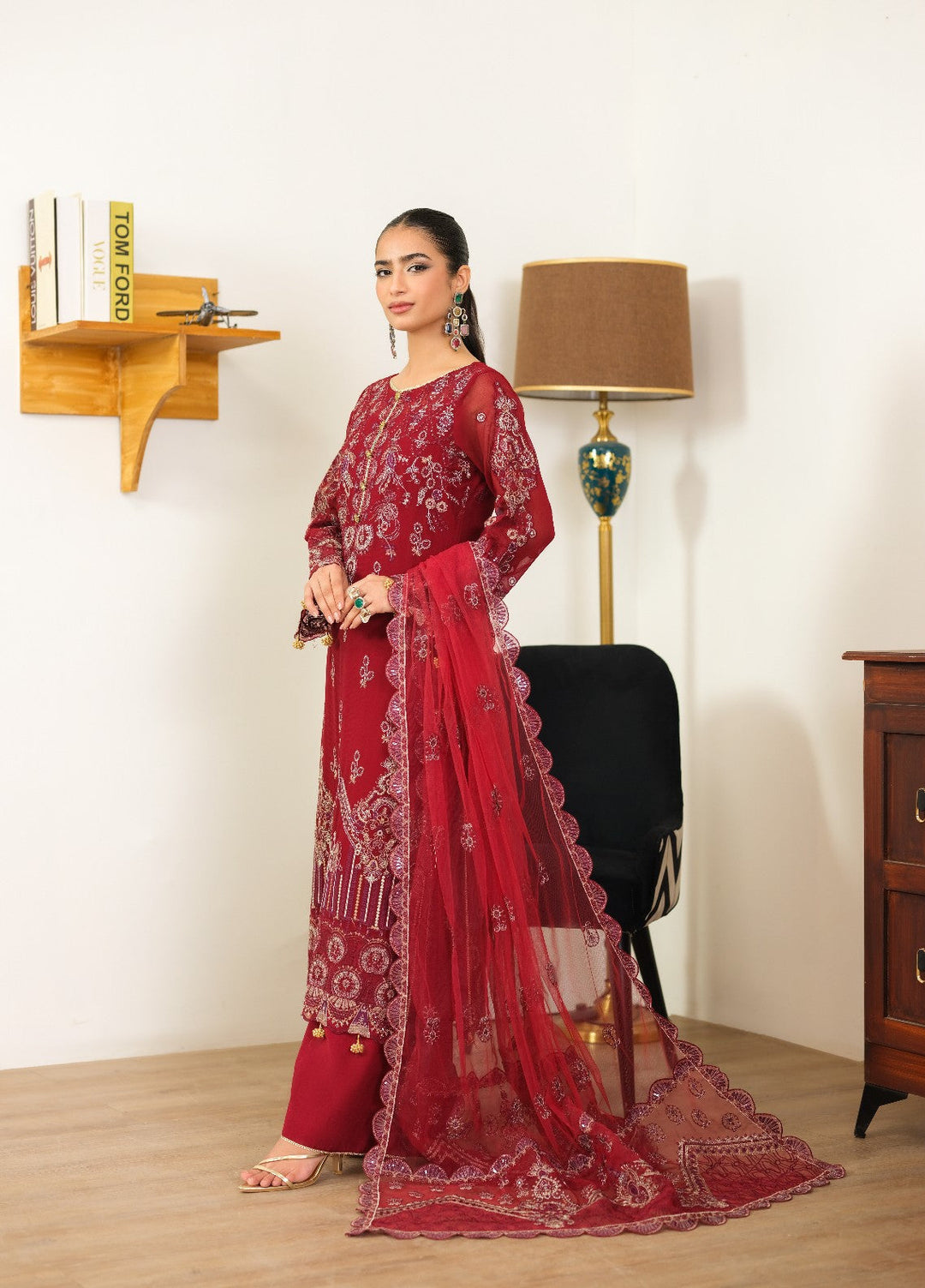 Era by Waresha Women Embroidered Chiffon 3 Piece Suit Scarlet Grace WFE-07 - Formals Collection