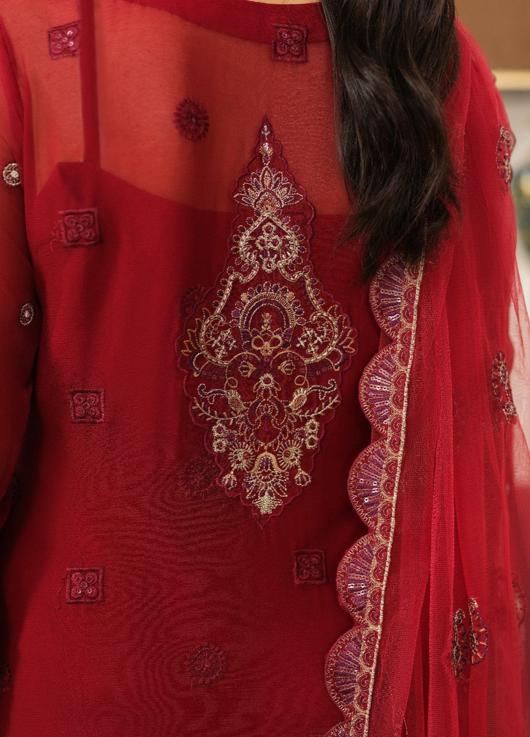 Era by Waresha Women Embroidered Chiffon 3 Piece Suit Scarlet Grace WFE-07 - Formals Collection