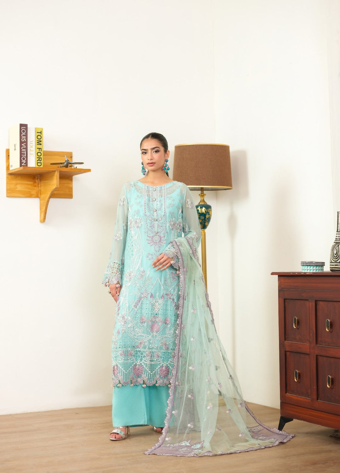 Era by Waresha Women Embroidered Chiffon 3 Piece Suit Frosted Azure WFE-08 - Formals Collection