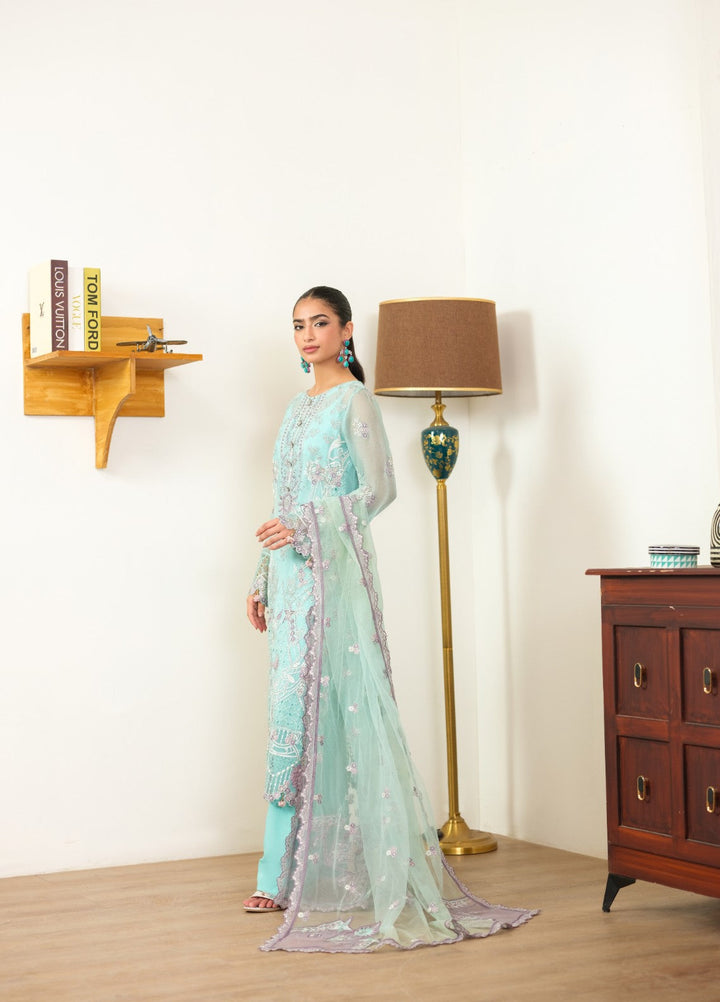 Era by Waresha Women Embroidered Chiffon 3 Piece Suit Frosted Azure WFE-08 - Formals Collection