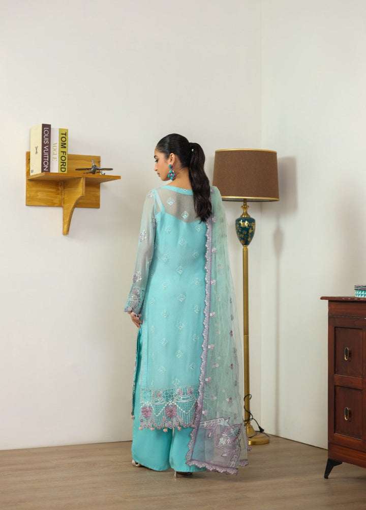 Era by Waresha Women Embroidered Chiffon 3 Piece Suit Frosted Azure WFE-08 - Formals Collection