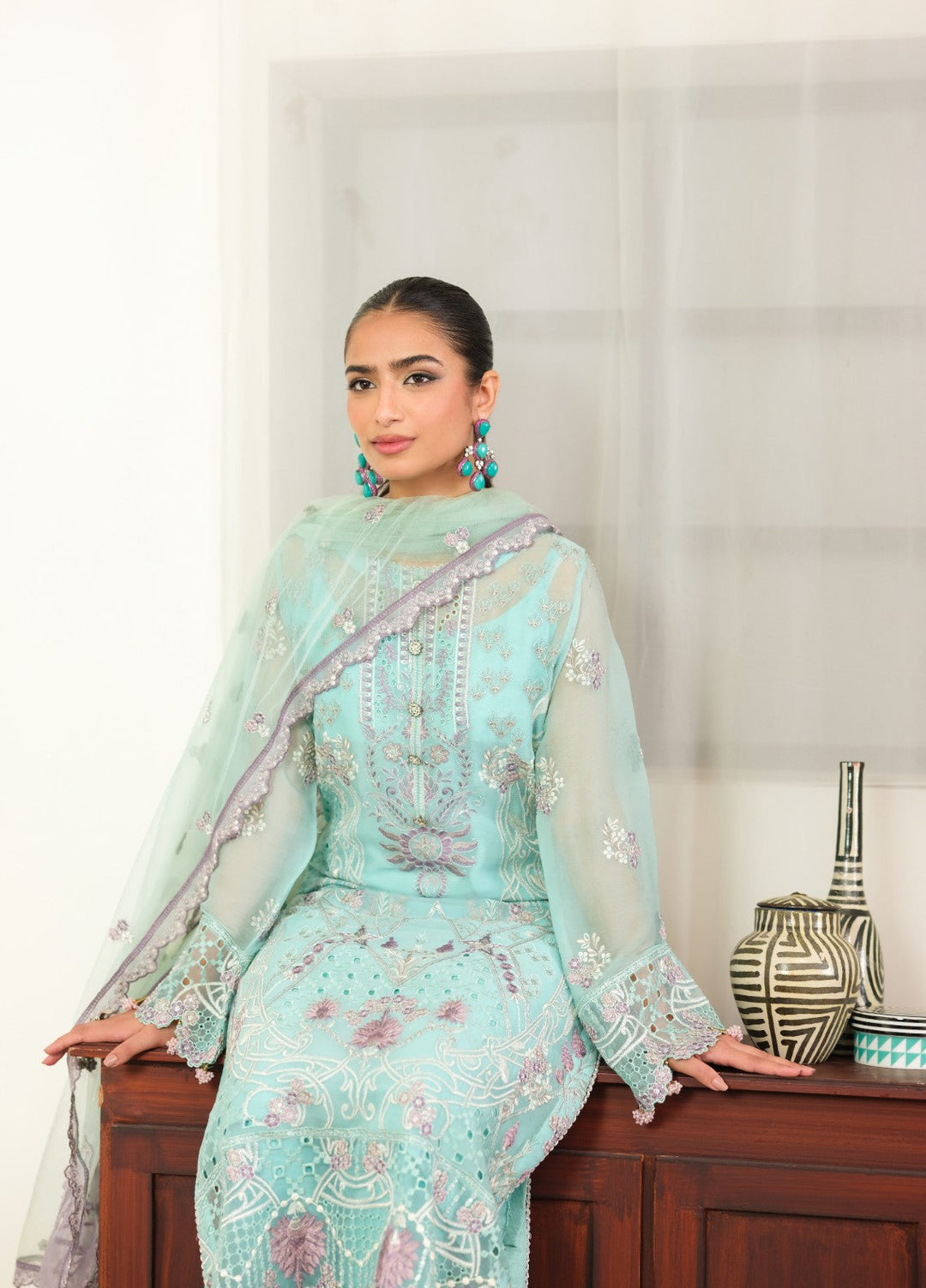 Era by Waresha Women Embroidered Chiffon 3 Piece Suit Frosted Azure WFE-08 - Formals Collection
