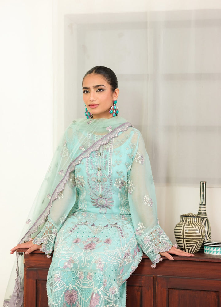 Era by Waresha Women Embroidered Chiffon 3 Piece Suit Frosted Azure WFE-08 - Formals Collection