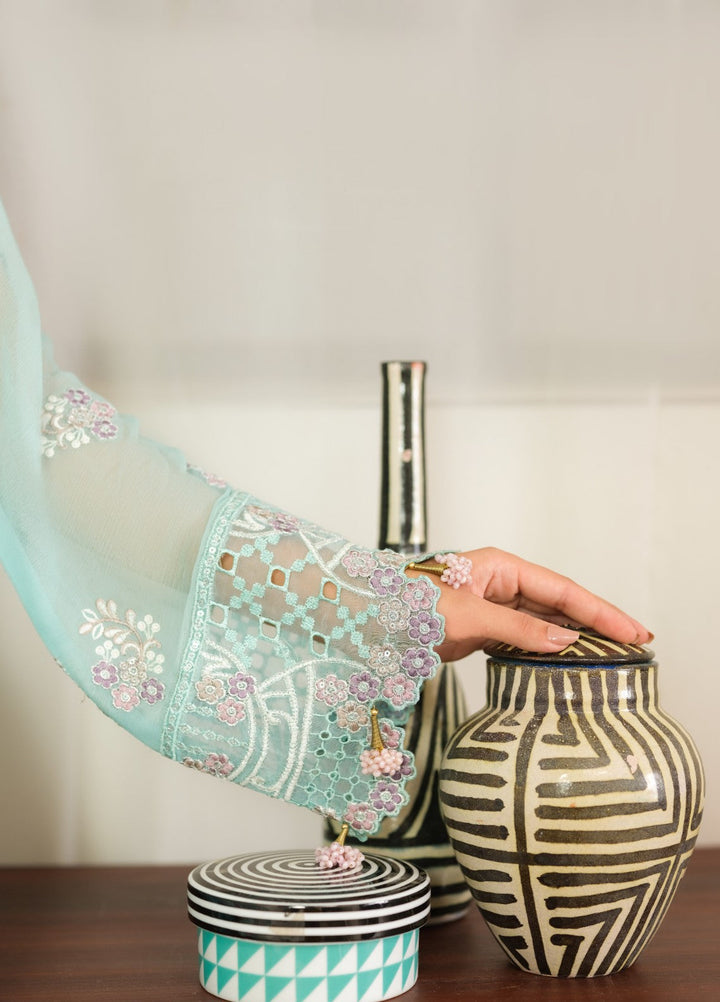 Era by Waresha Women Embroidered Chiffon 3 Piece Suit Frosted Azure WFE-08 - Formals Collection