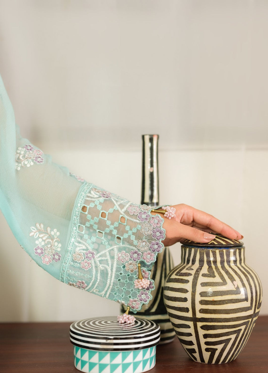 Era by Waresha Women Embroidered Chiffon 3 Piece Suit Frosted Azure WFE-08 - Formals Collection