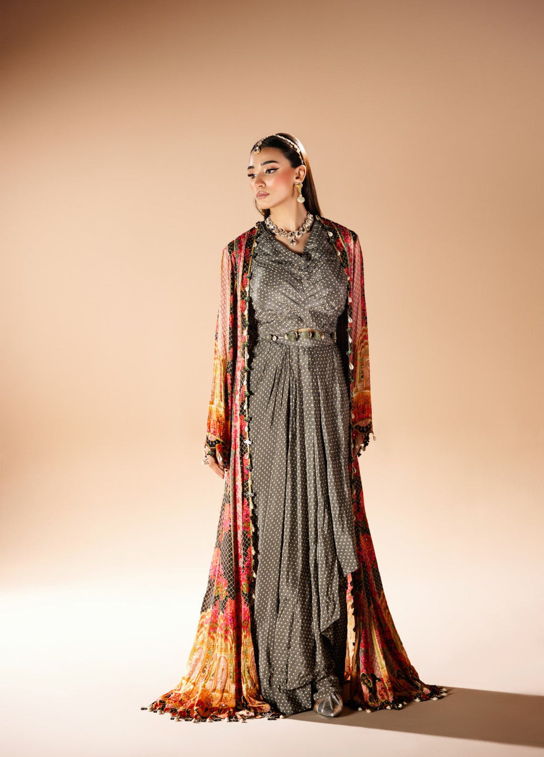 Gia by House Of Nyyra Women Pret Printed 3 Piece Charcoal Grey Indian Crepe Skirt Set With Silk Jacket - Festive Collection