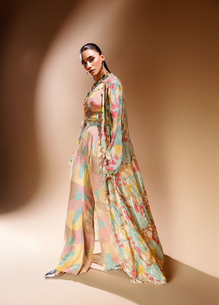 Gia by House Of Nyyra Women Pret Printed 3 Piece Vibrant Geometric Patterned Silk Pant And Jacket - Festive Collection